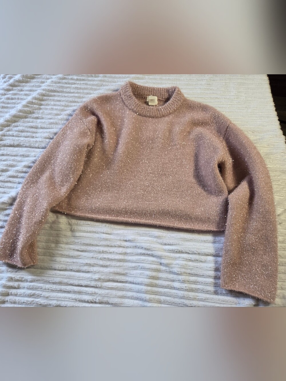 H&M Pink Sparkle Metallic Cropped Sweater Size Medium Fuzzy Party Holiday